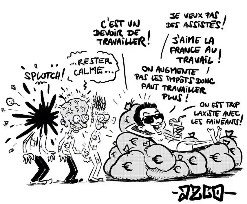 Gabriel Attal posé sur des sacs de fric qui fait la leçon à des pauvres