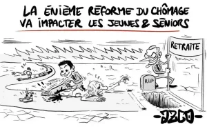 Macron et Attal qui sabotent une course entre un jeune et un vieux pour les retraites