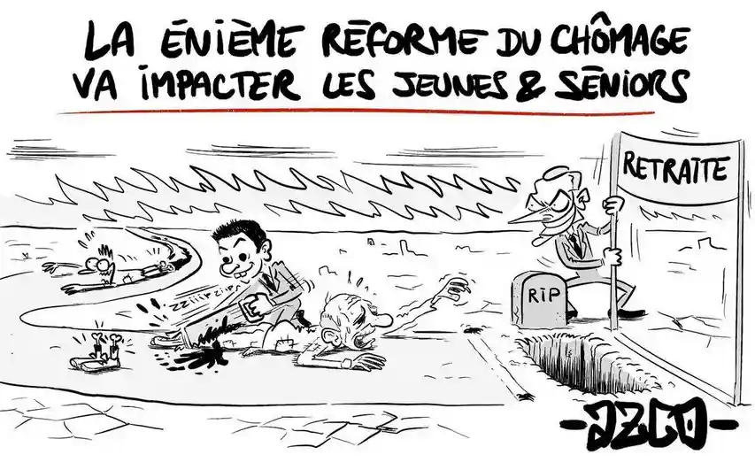 Macron et Attal qui sabotent une course entre un jeune et un vieux pour les retraites