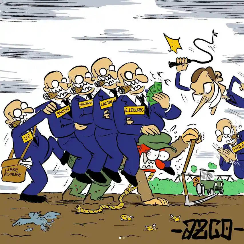 Dessin inspiré d'une image révolutionnaire, on voit un paysan porter plusieurs patrons sur son dos