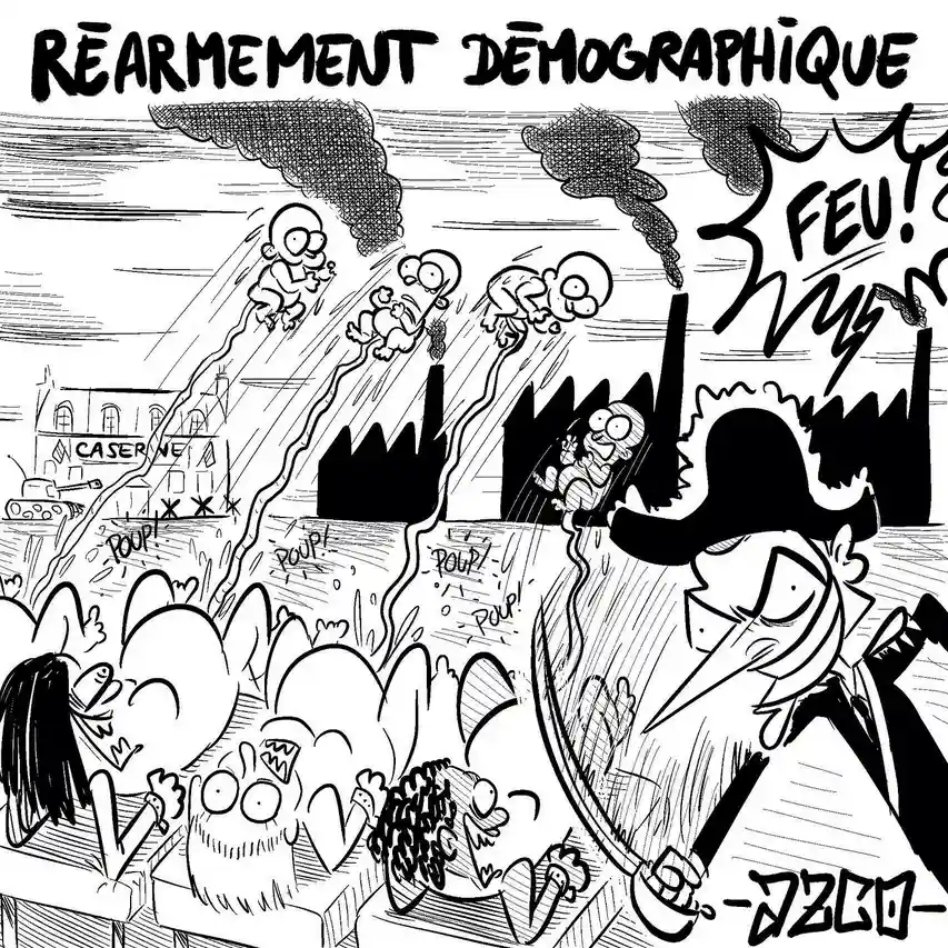 Macron en capitaine d'artillerie qui dit feu à des femmes enceintes qui expulsent leur bébé