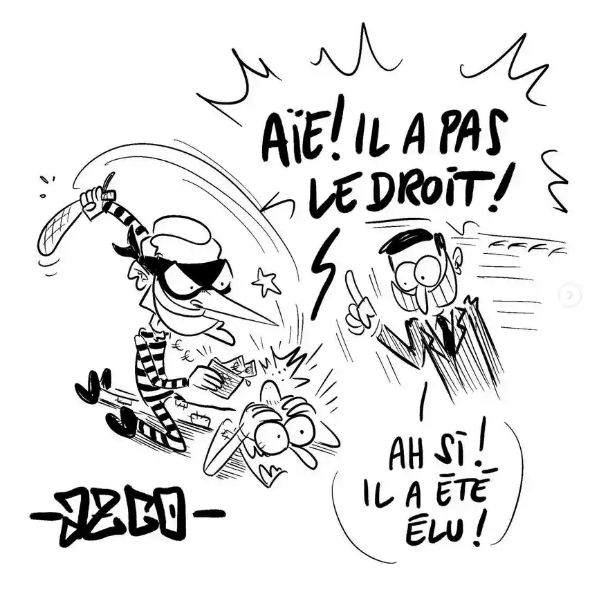 Macron en bandit qui vole et frappe un pauvre