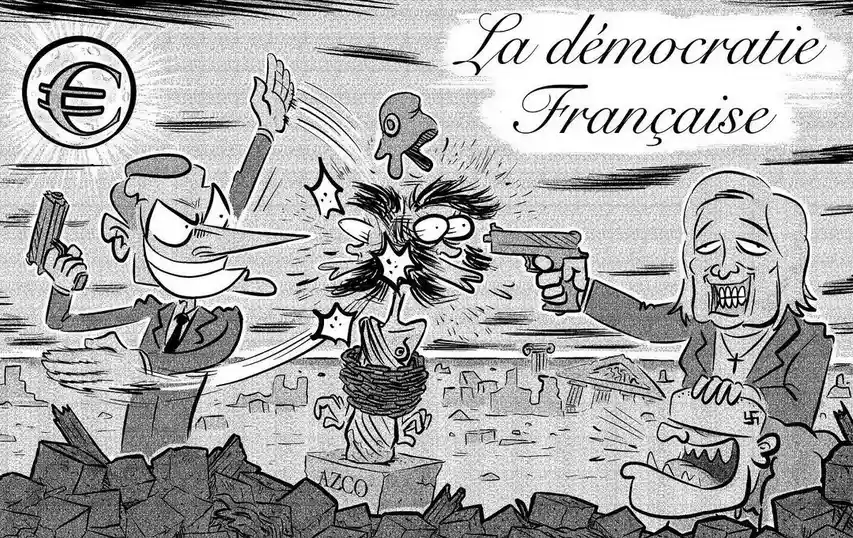 Macron qui baffe Marianne avec Le Pen qui la menace d'une arme