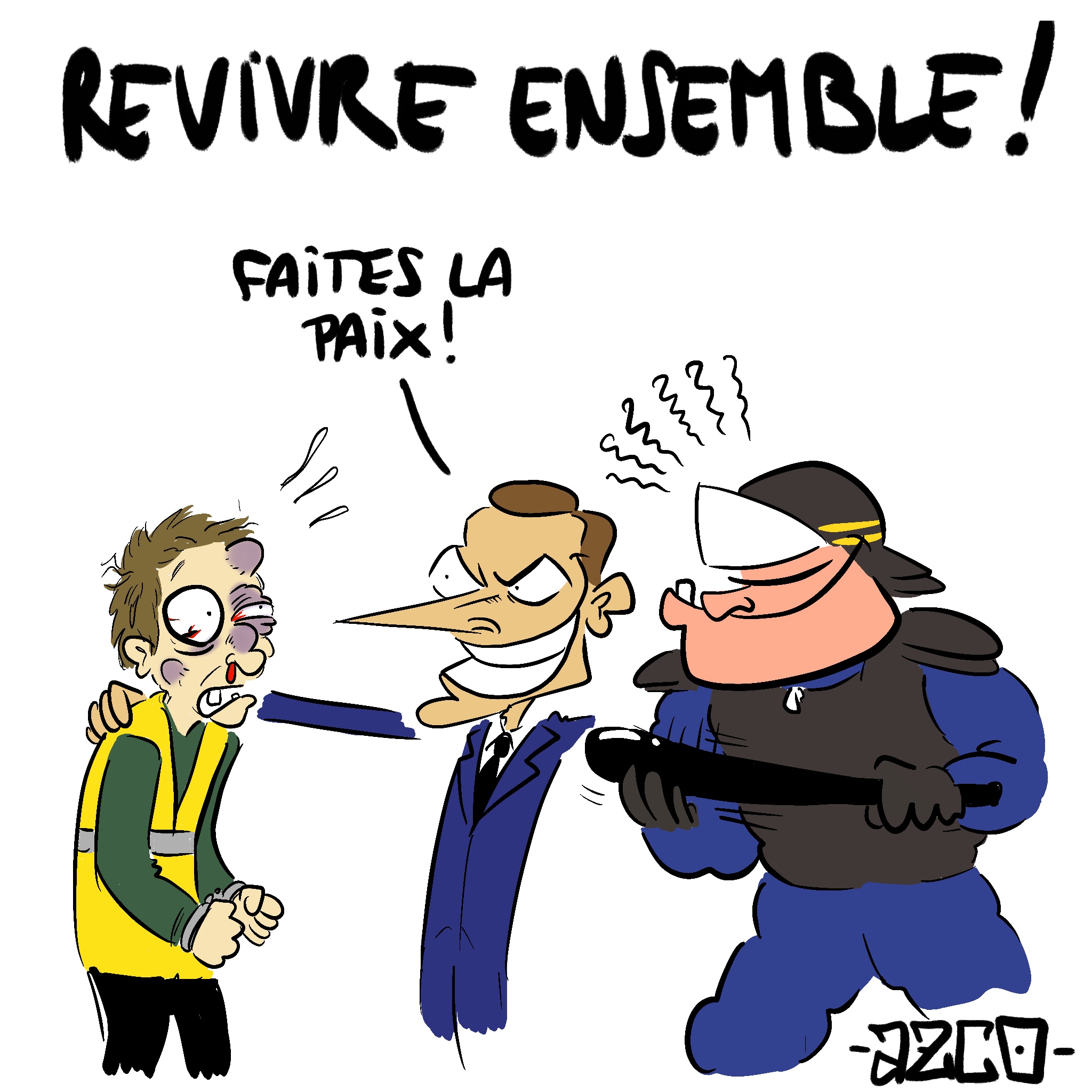 Macron qui demande à un gilet jaune et un crs de faire la paix