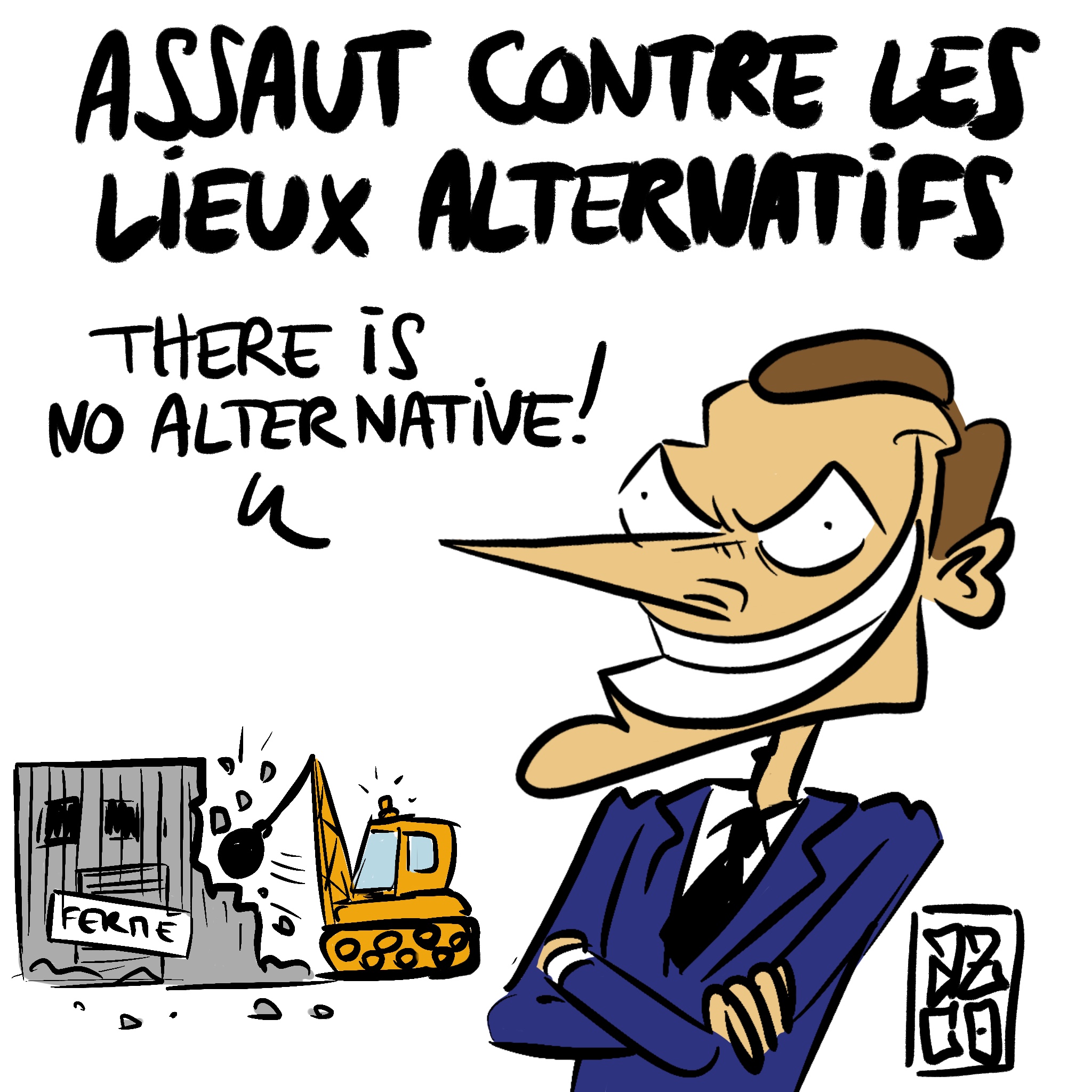 Macron qui dit TINA devant un squat détruit