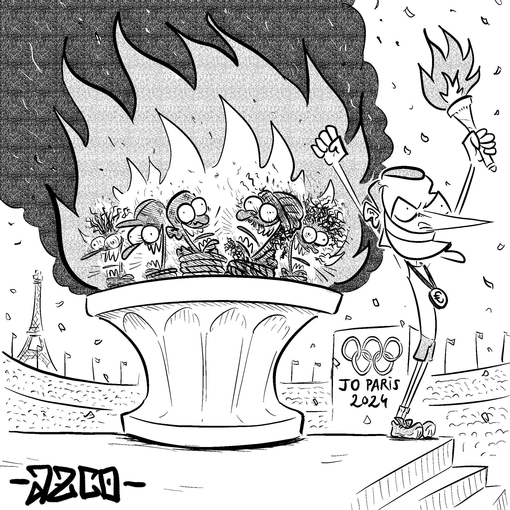 Macron qui brule des pauvres dans la flamme olympique