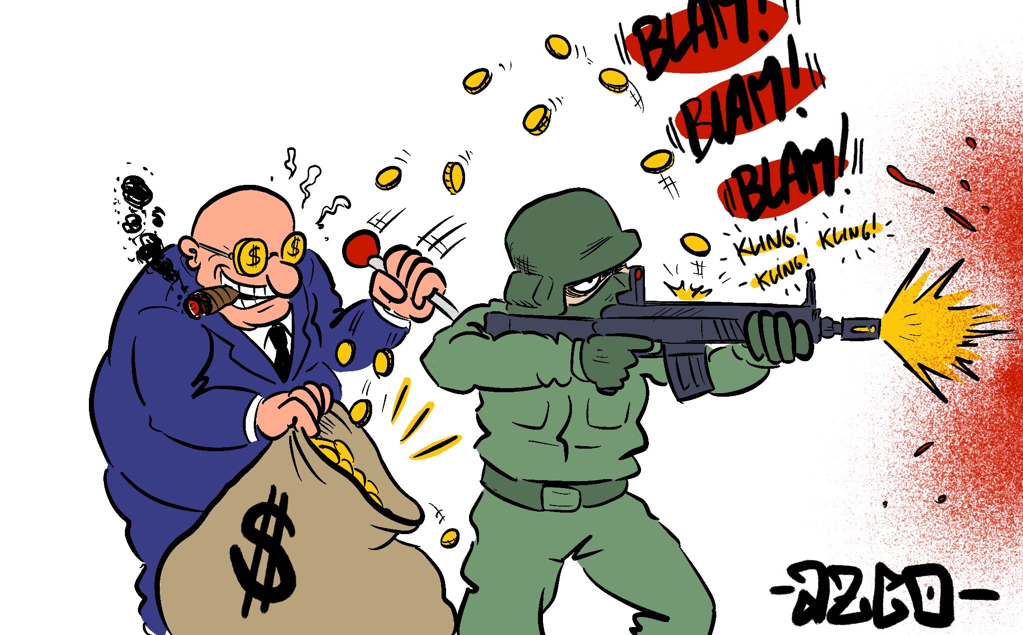 Un banquier tire un levier de machine à sous sur le dos d'un soldat