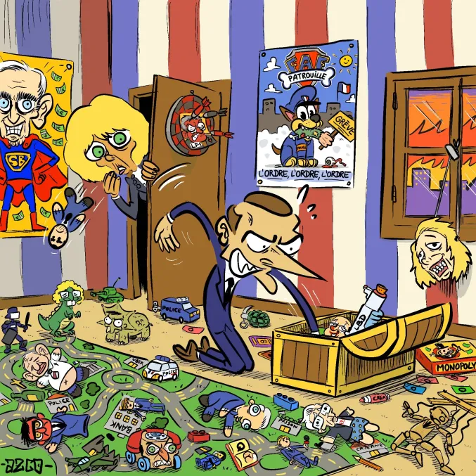 Macron fouille dans son coffre à jouet à la recherche d'un ministre pantin