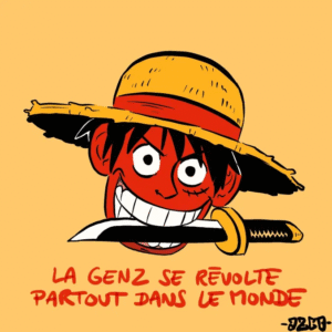 luffy one piece avec un couteau dans les dents