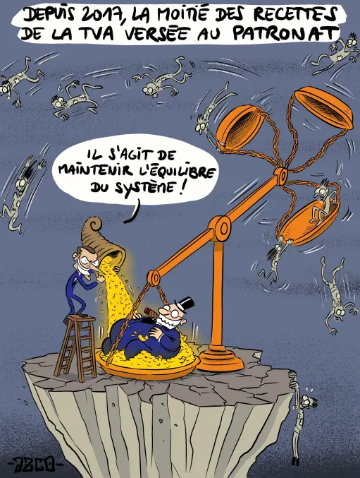 Une balance déséquilibrée entre un riche rempli d'or par Macron et des pauvres catapultés