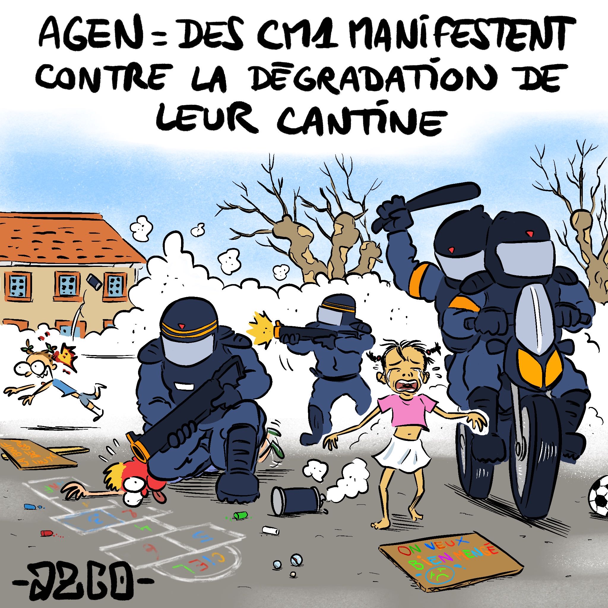 Des CRS qui répriment des enfants dans une cour d'école