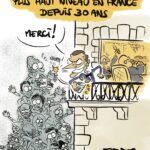 Un tas de pauvres qui arrivent au balcon des riches, on voit Macron qui pique leur argent