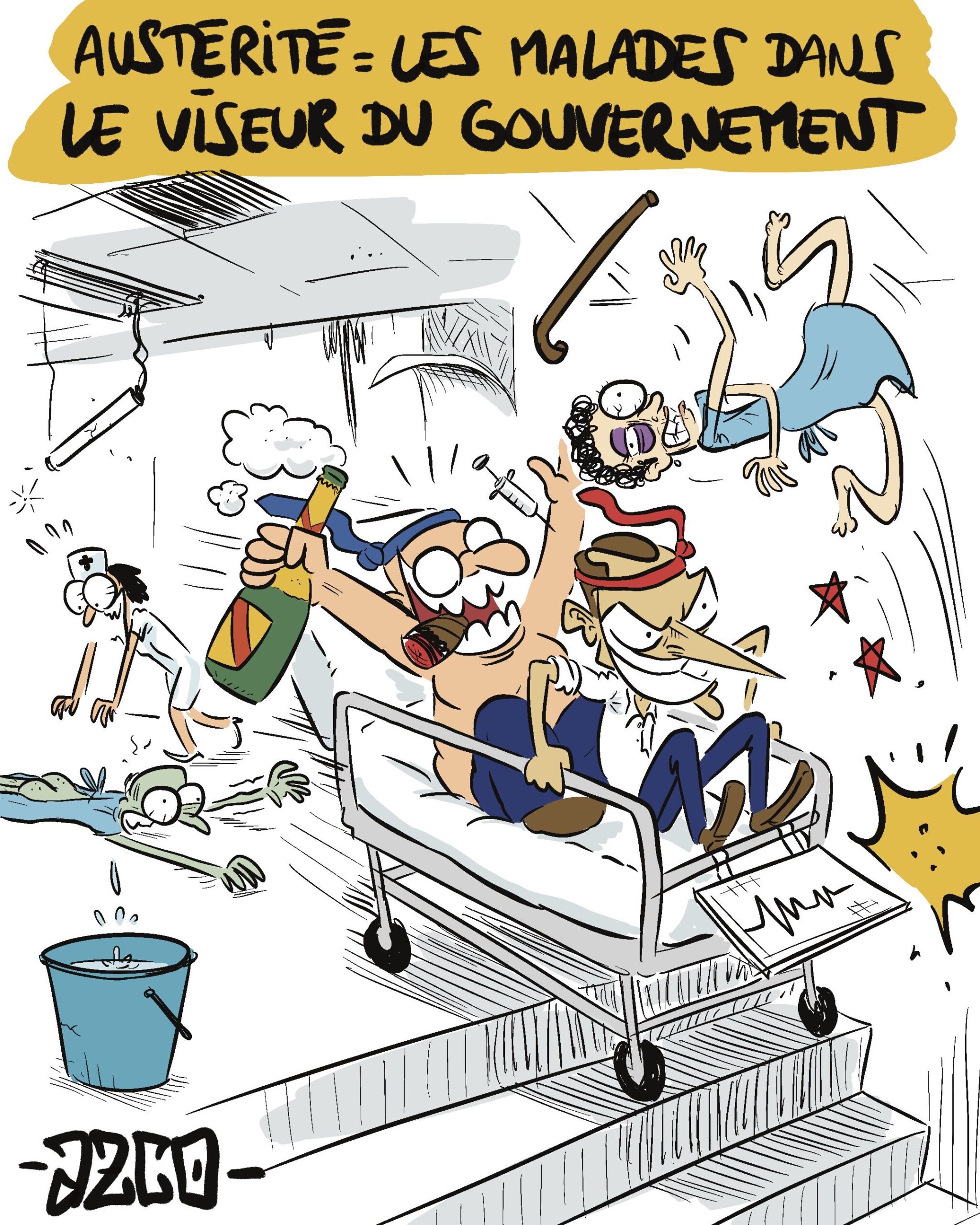 macron et un patron font la fête dans un hopital