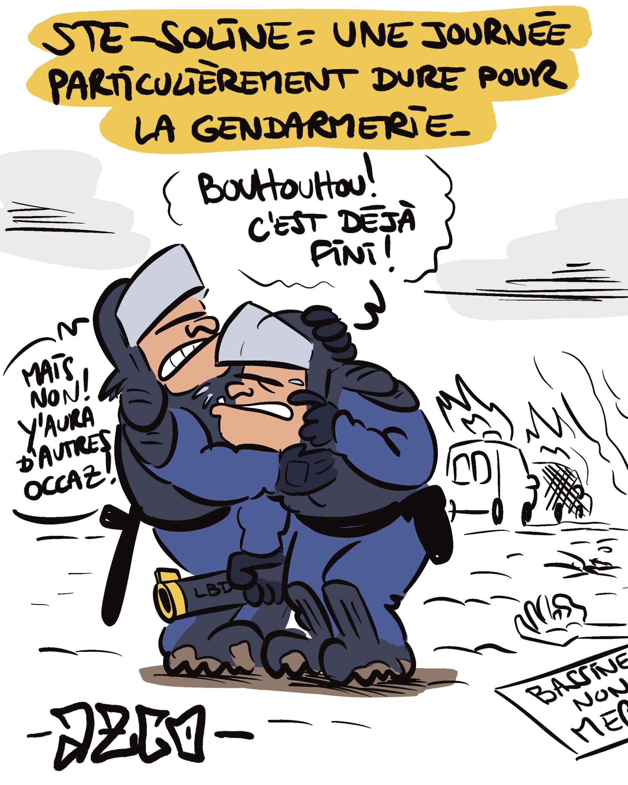 Deux CRS qui pleurent parce que la répression est finie