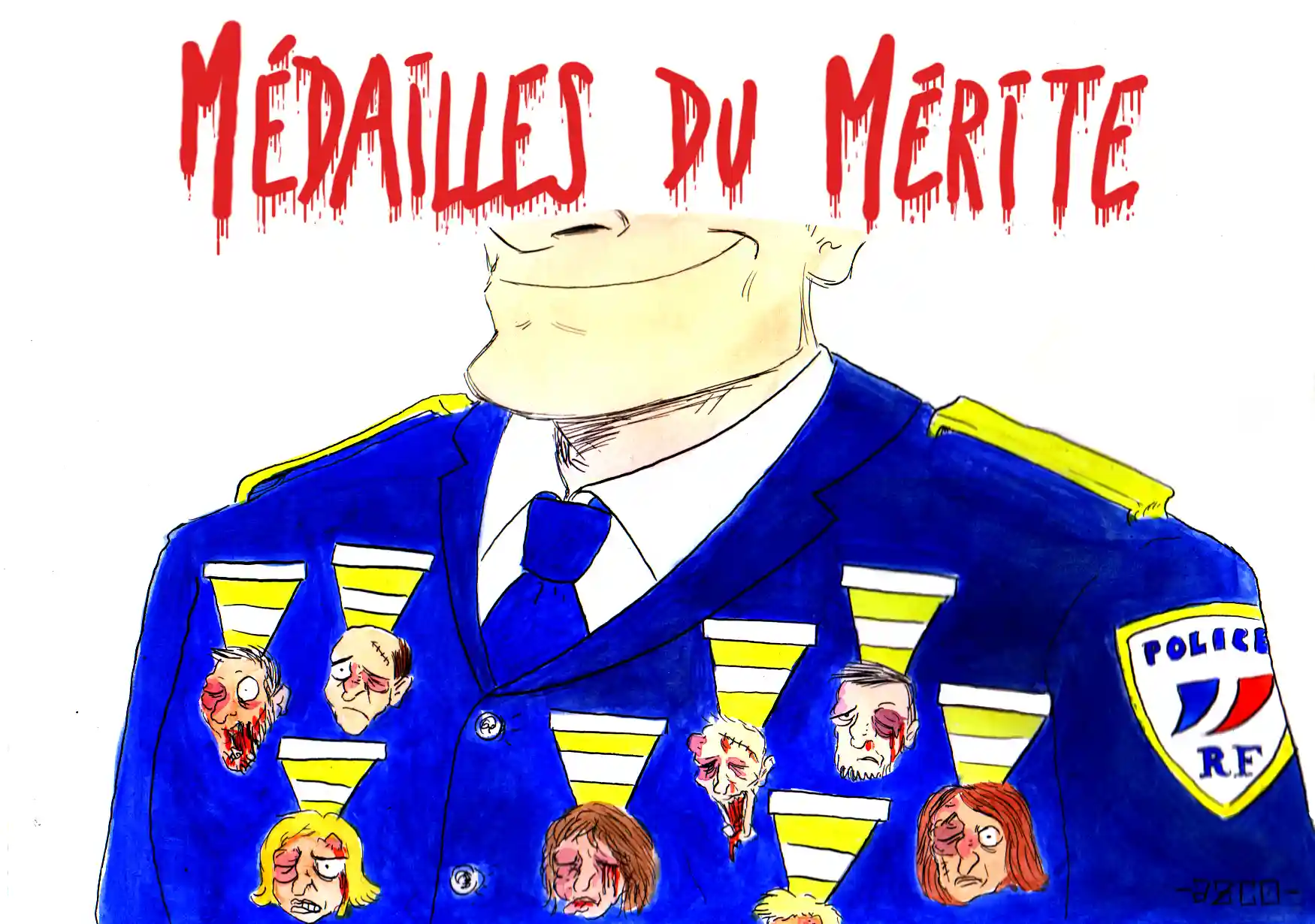 un policier avec des médailles gilets jaunes