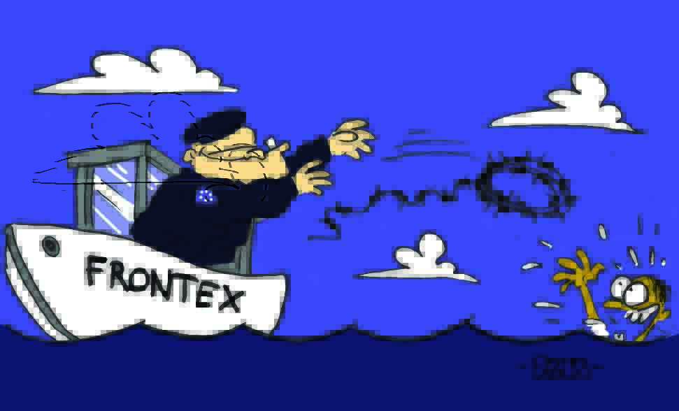 un garde cote de frontex envoie des barbelés à un migrant qui se noie