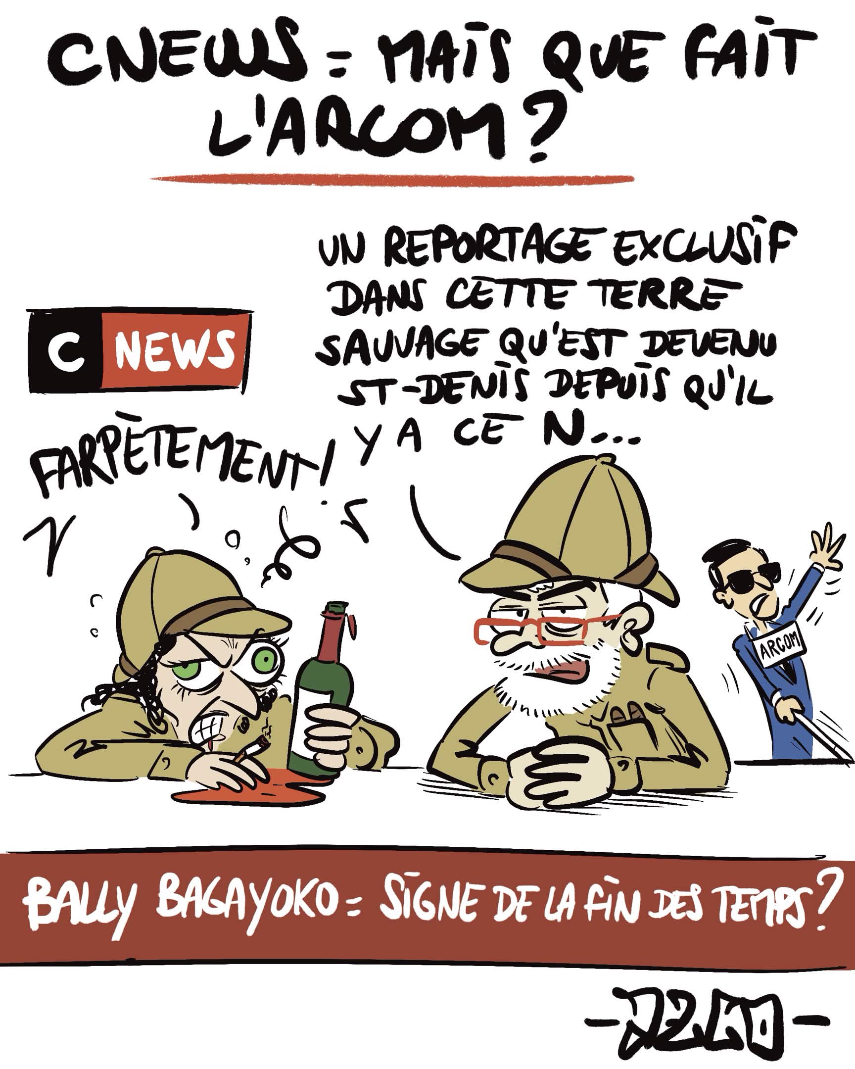 Pascal Praud et Elisabeth Levy présentent le journal habillés en colons, au fond un aveugle de l'Arcom