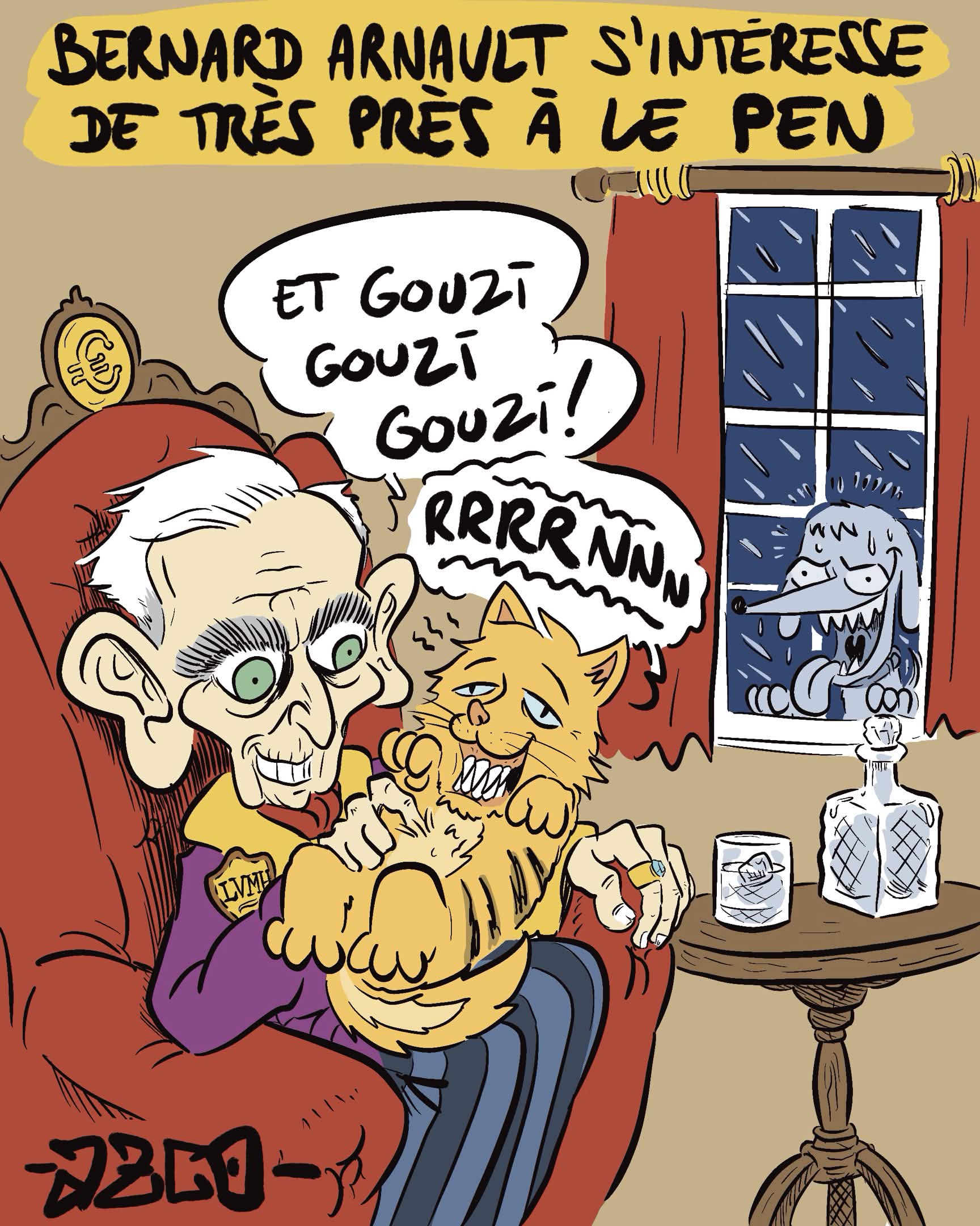 bernard arnault qui caresse le pen en chat alors que macron en chien est dehors sous la pluie