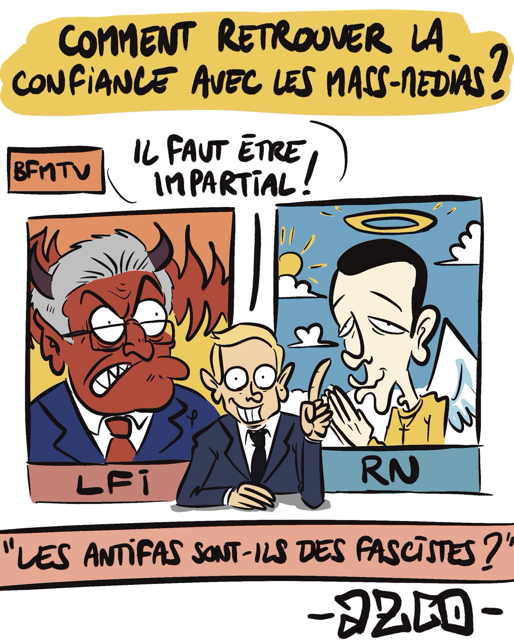 journal tv avec mélenchon grimé en démon et bardella en ange