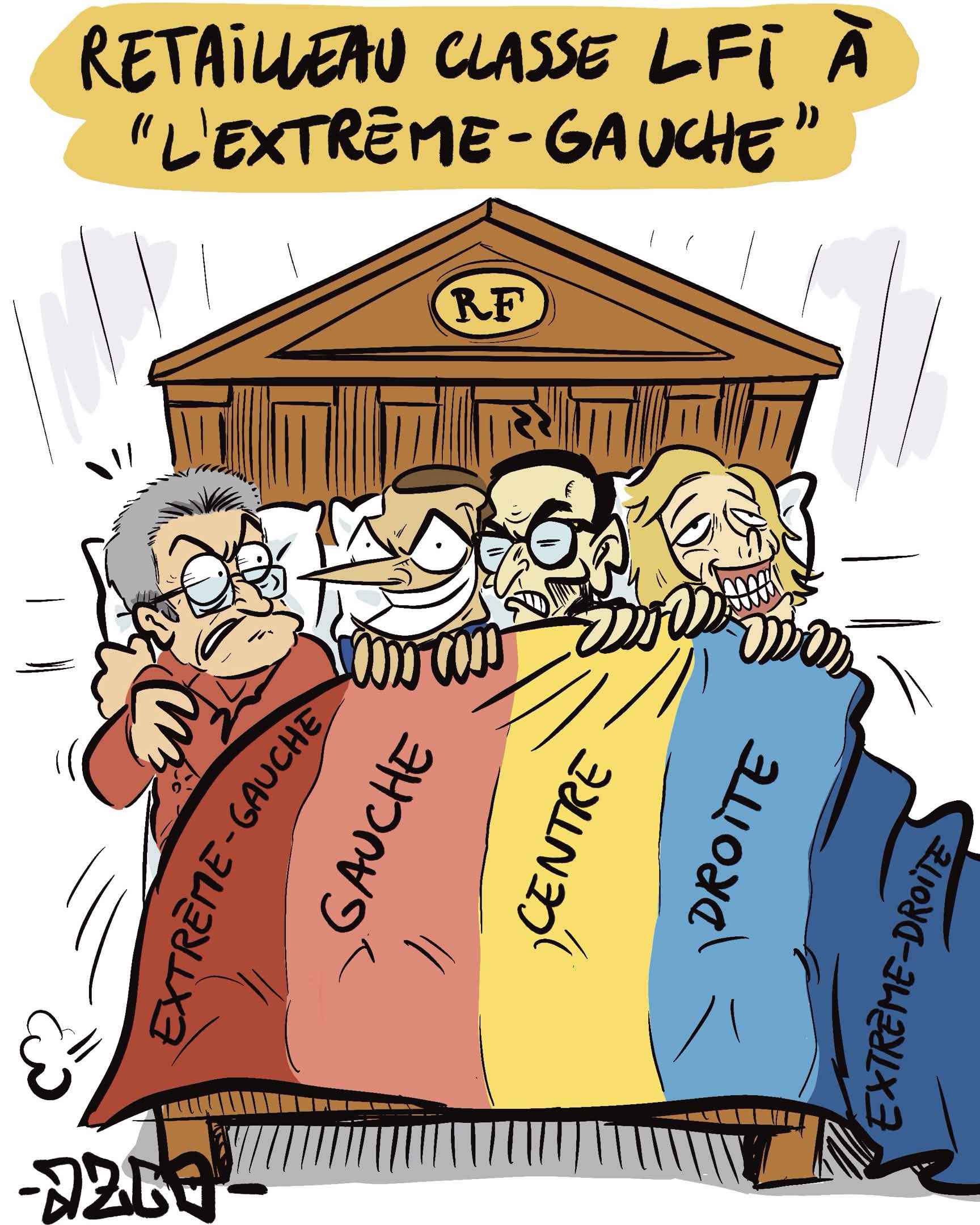 Bruno Retailleau qui tire la couverture dans un lit avec toutes les couleurs politiques, qualifiant LFI d'extrême gauche