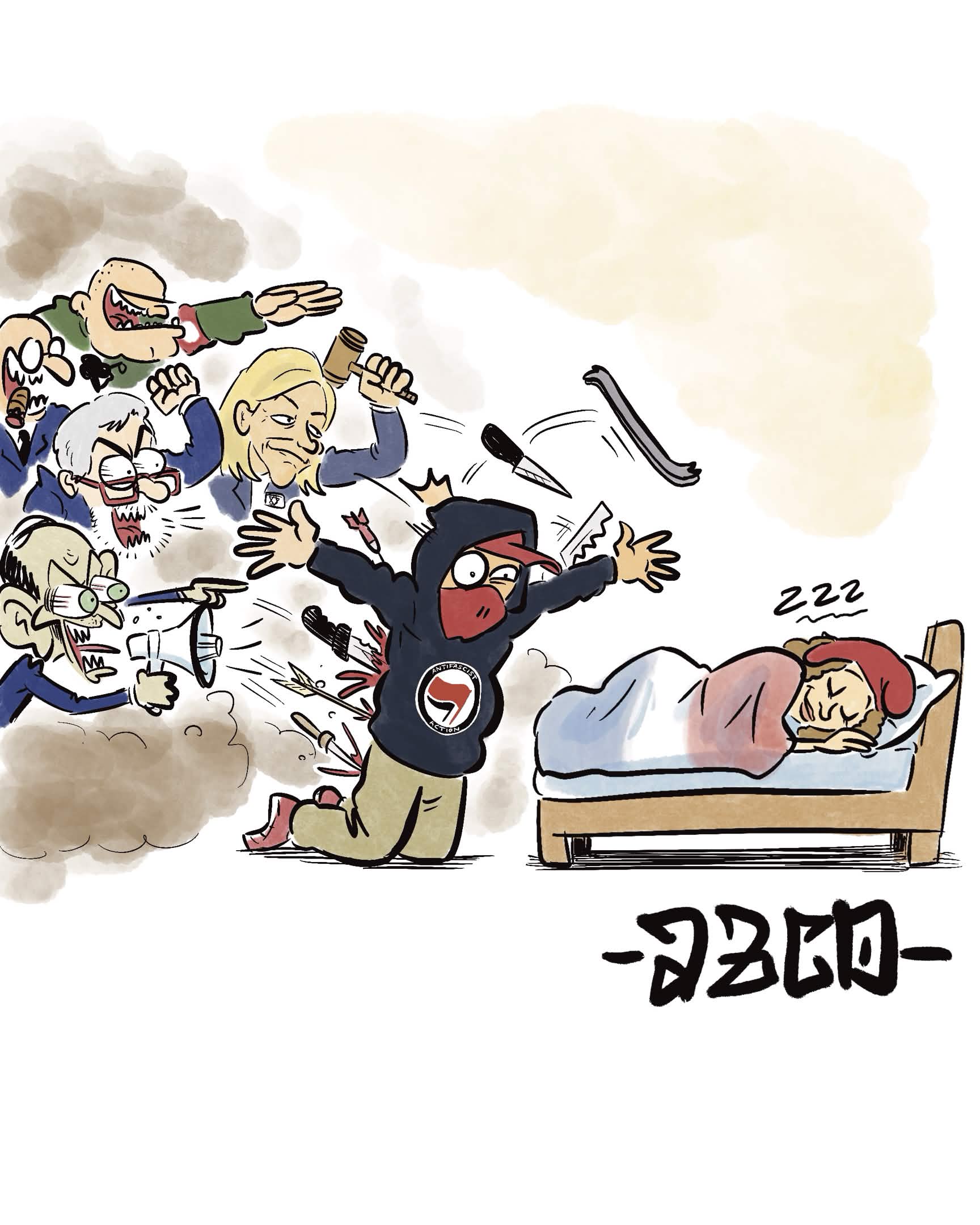 un antifa qui protège Marianne des attaques des fascistes