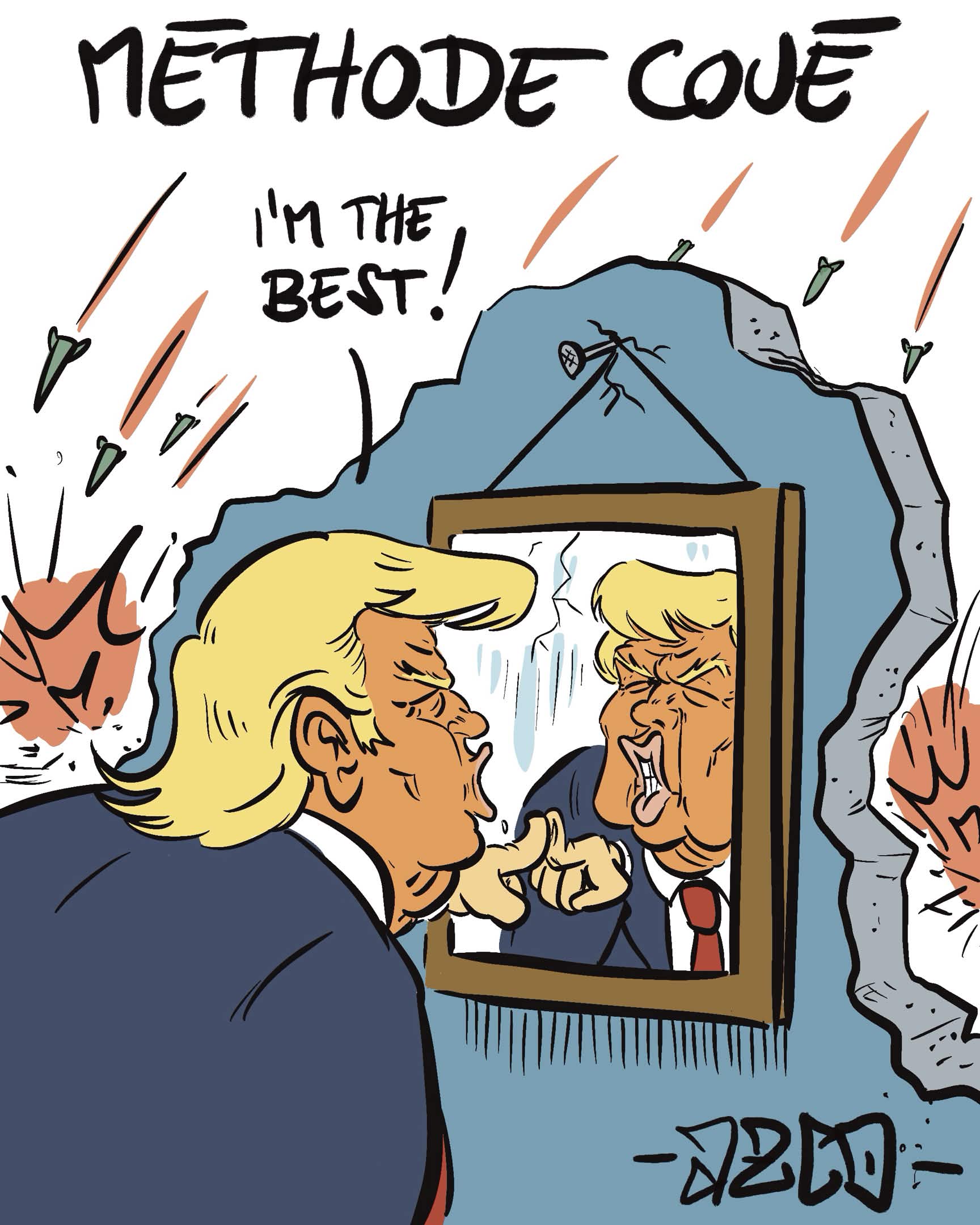 trump qui se vante devant un miroir détruit