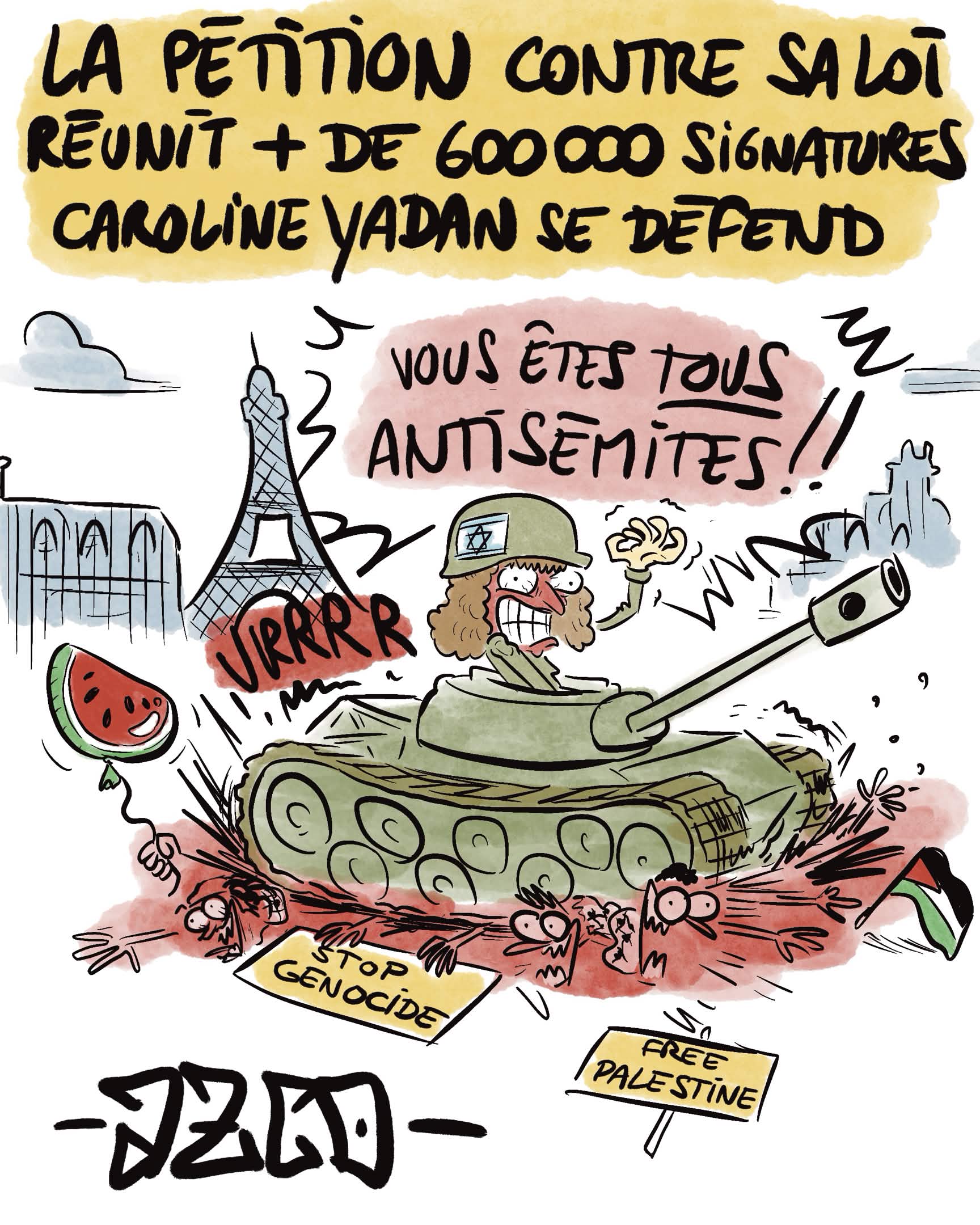 Caroline Yadan dans un tank qui réprime des pro-palestiniens en France