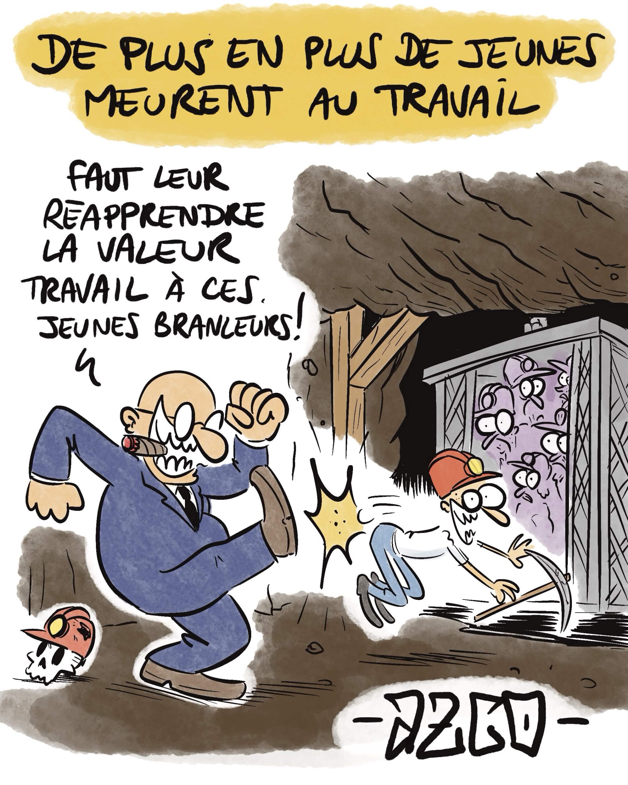 un patron qui donne un coup de pied à un jeune mineur