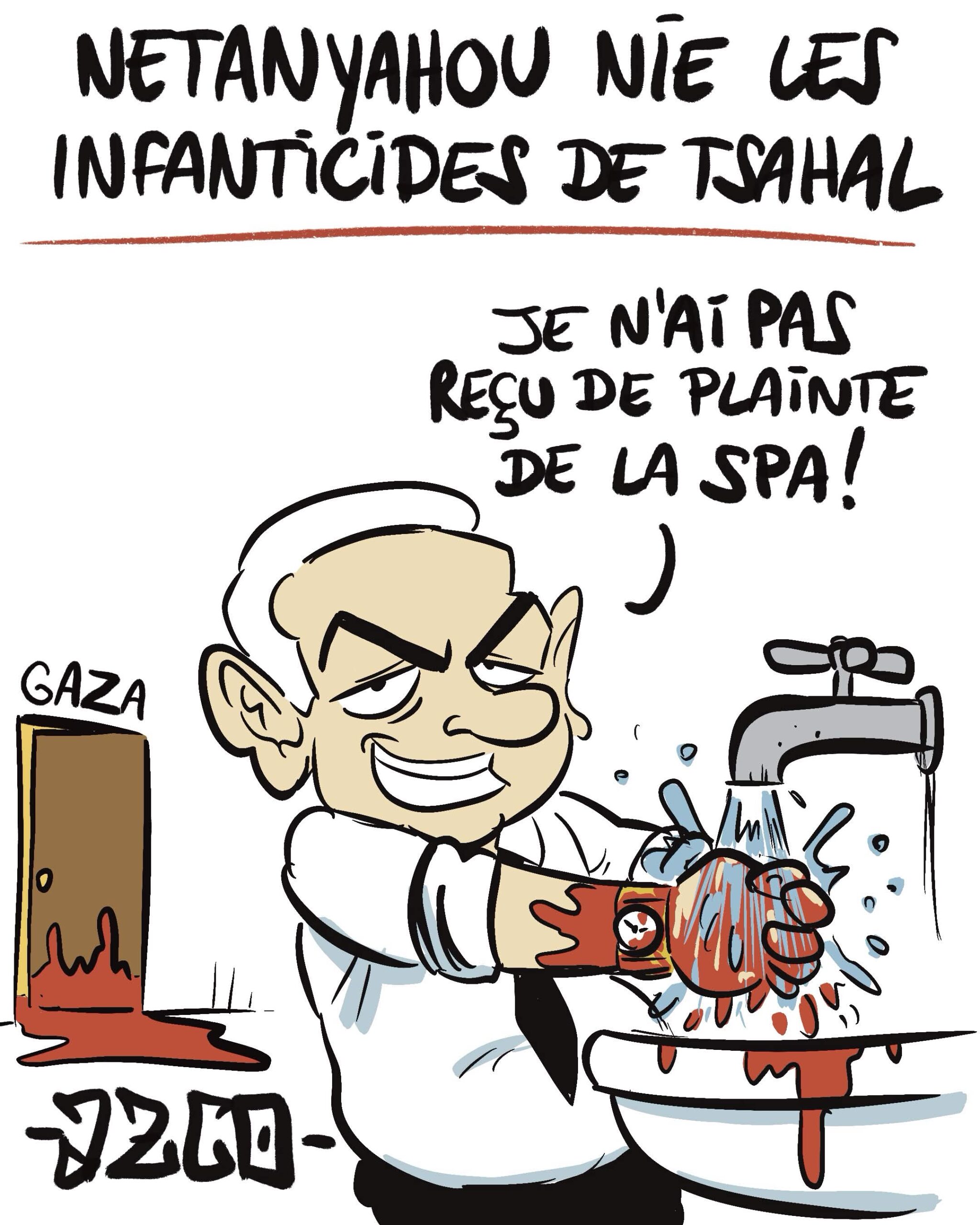 Netanyahou qui se lave les mains ensanglantées