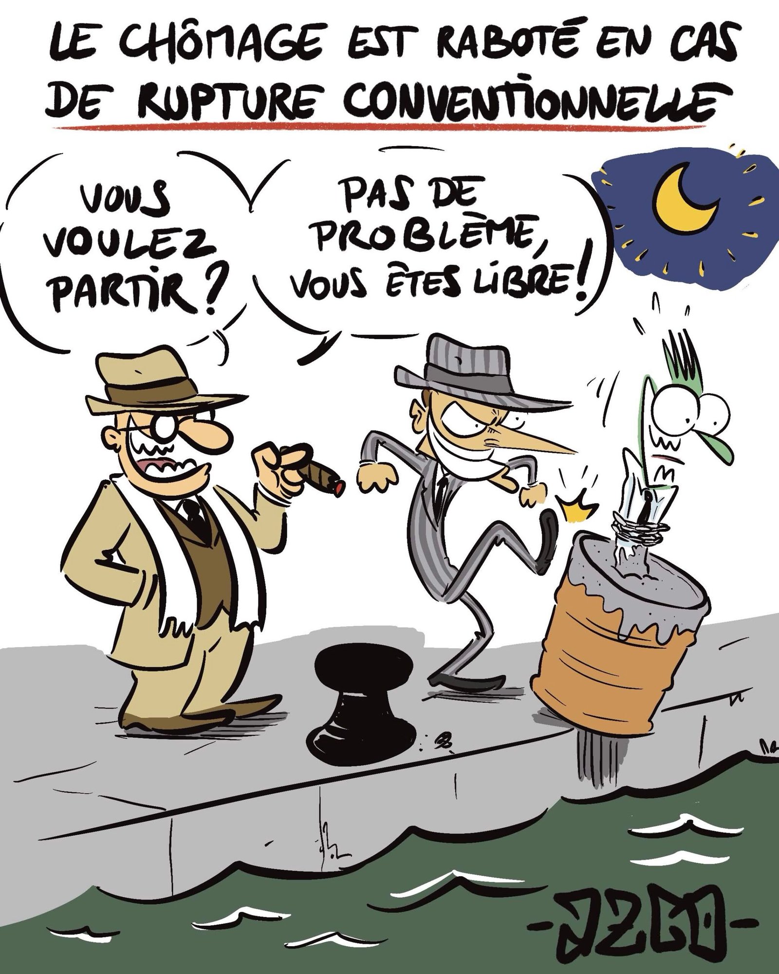parodie mafia avec un patron et Macron qui jette un employé coulé dans le béton