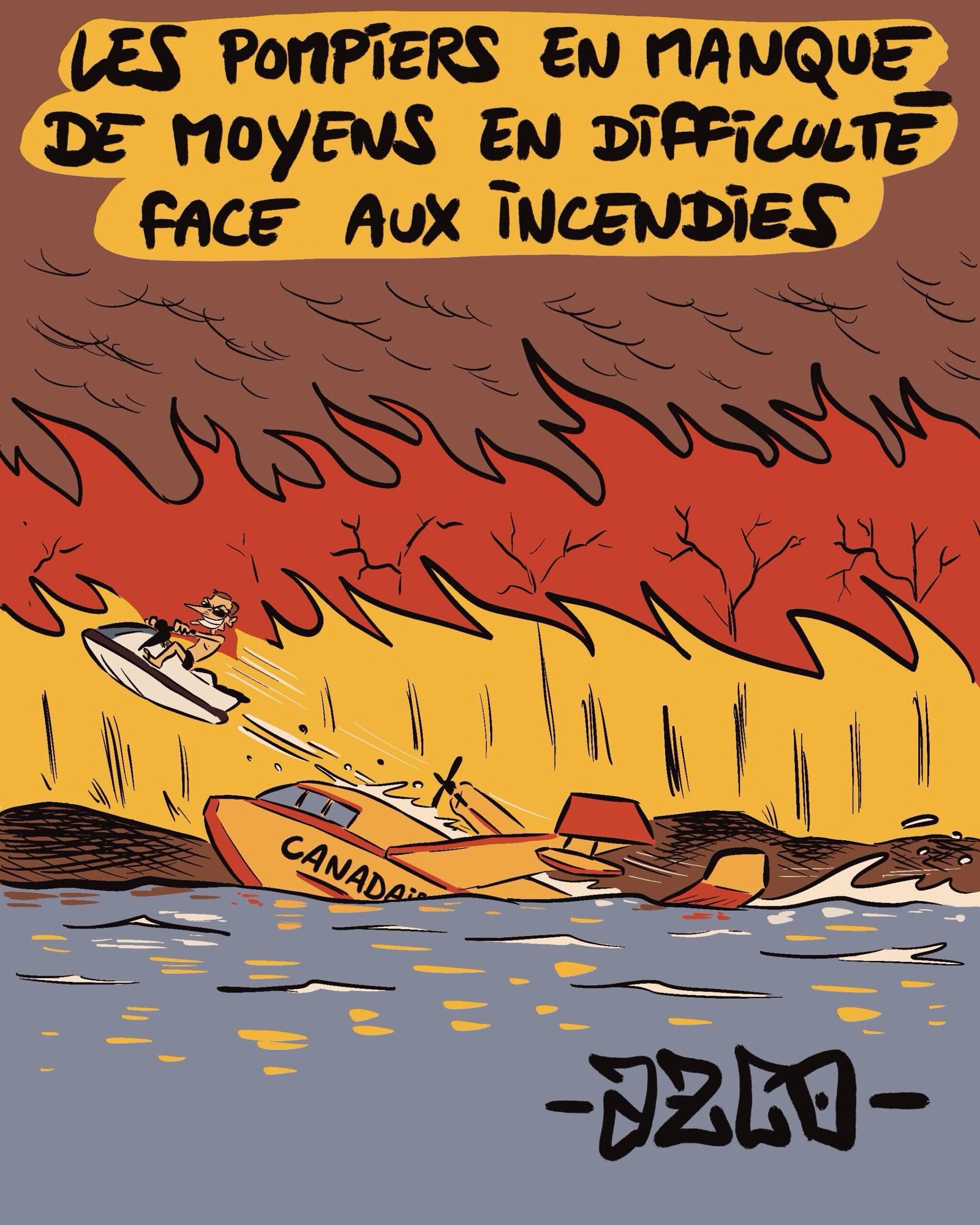 Macron fait du jet ski en se servant d'un canadair coulé en guise de rampe